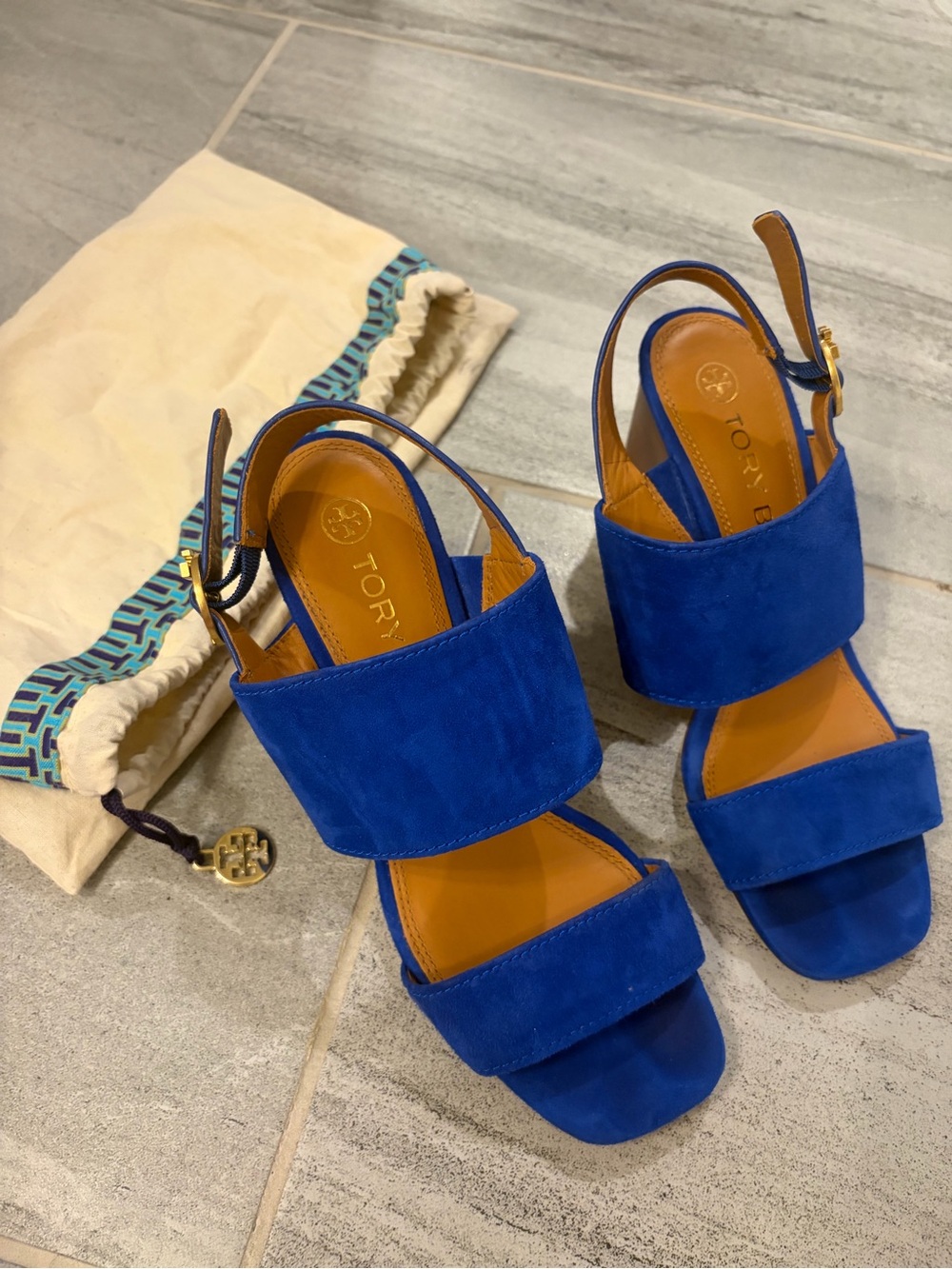 Tory Burch Royal Blue Suede Block Heel Sandals